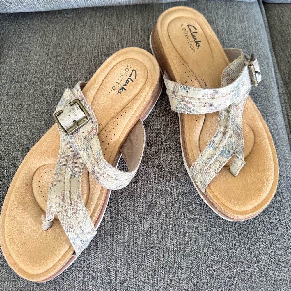 Clarks Brynn Madi Leather Slip On Cream Sandals - Women's 9 floral patterned